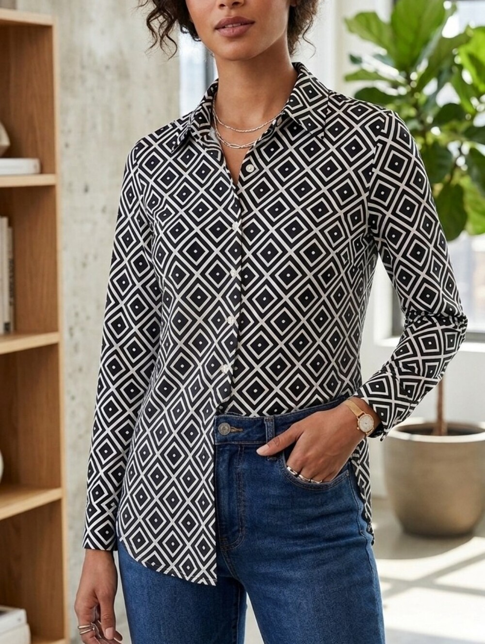 Michael Kors Black and White Geometric Button-Down Shirt M
